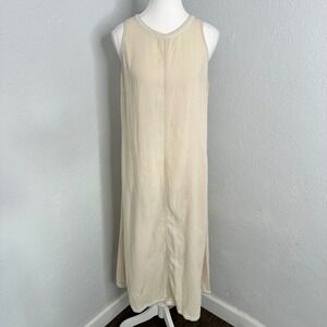 Magashoni‎ Linen blend Sleeveless Tan Beige Midi Dress Embroidered Trim size med